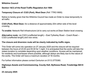 Road Closure - 27th January 2025